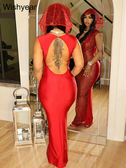 Luxury Red Hooded Dress for Women with Sequins
