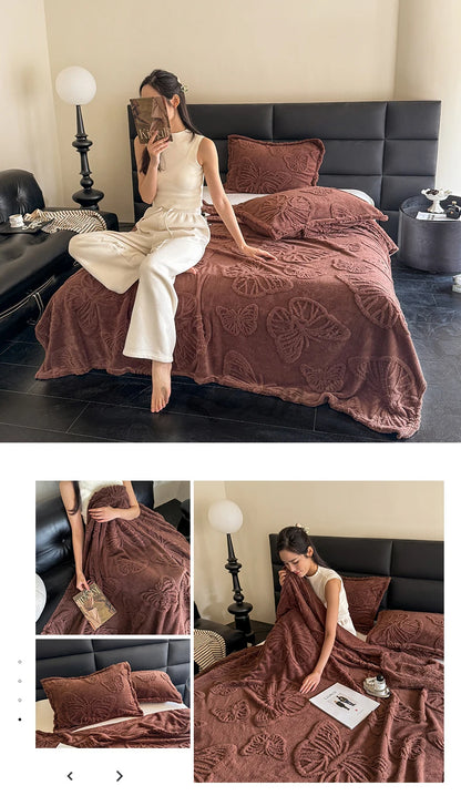 Coral Fleece Autumn Blanket with 3D Butterflies