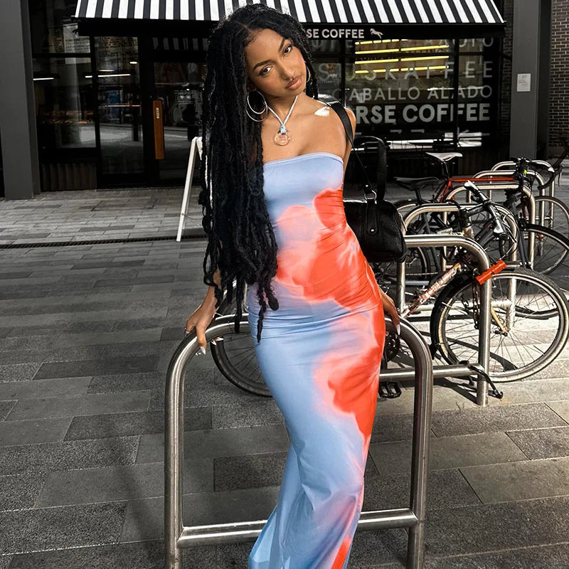 Print Tube Maxi Dress Women Off Shoulder Backless