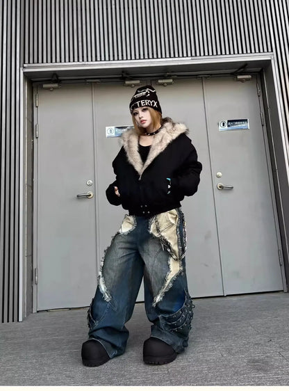 Vintage Distressed Wide Leg Cargo Jeans for Women