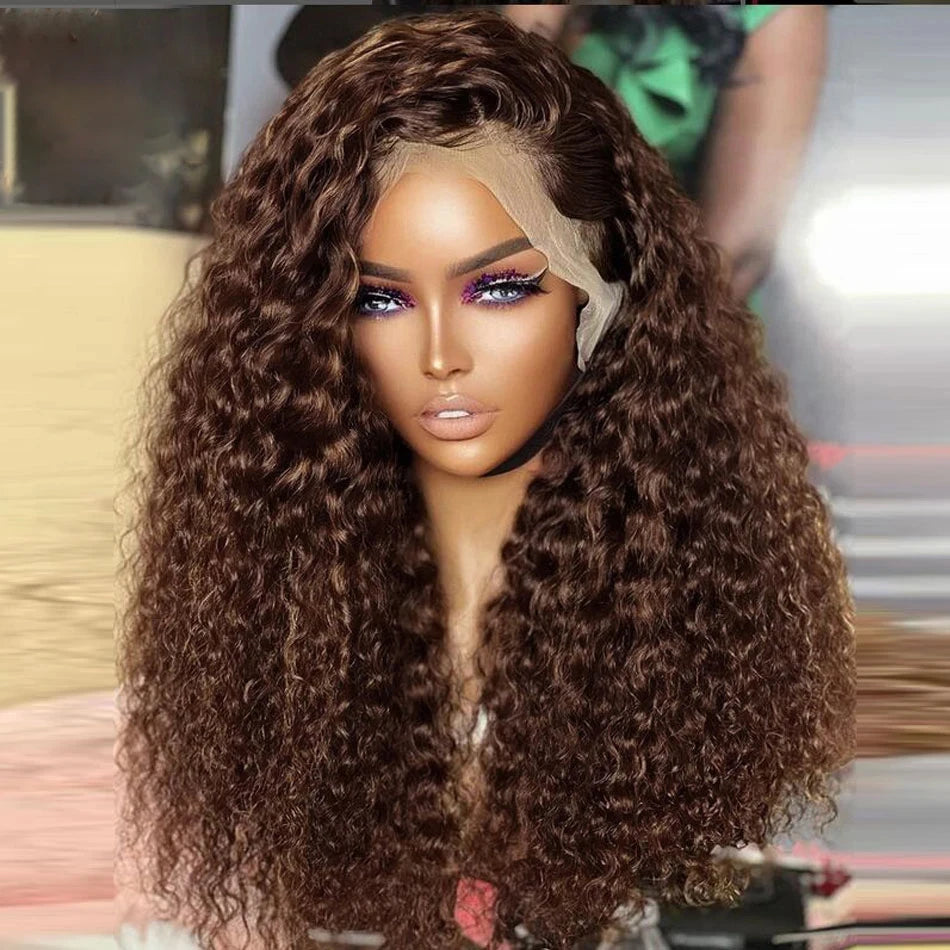 Deep Wave Frontal Wig 30 Inch Chocolate Brown Human Hair