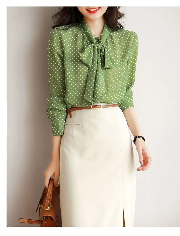Shawl Collar Long Sleeve Blouse Women Polka Dot Cardigan