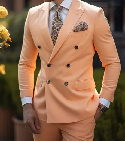 Brown Men's Slim Fit Double Breasted Suit Blazer