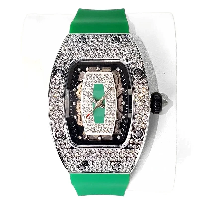 Green Tonneau Quartz Watch for Women with Iced Diamonds
