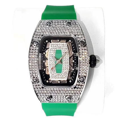 Green Tonneau Quartz Watch for Women with Iced Diamonds