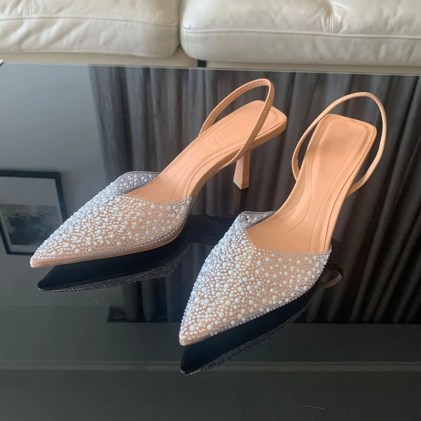 Women High Heels Slingback Pumps with Pearl Decoration