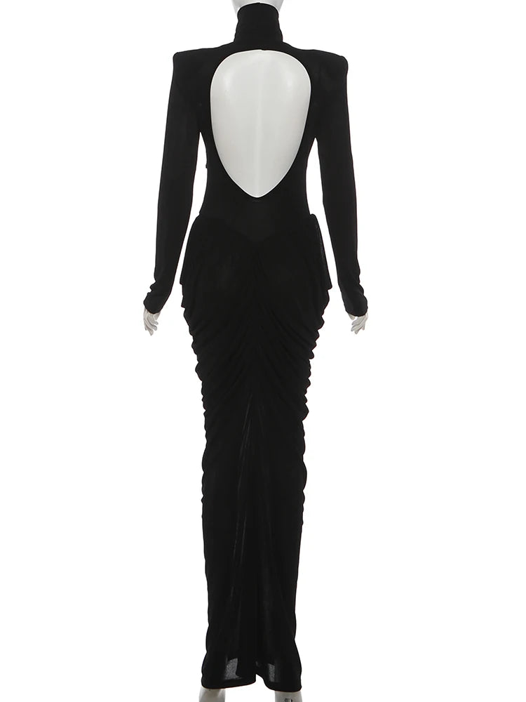 Maxi Dress Women Turtleneck Full Sleeve Backless