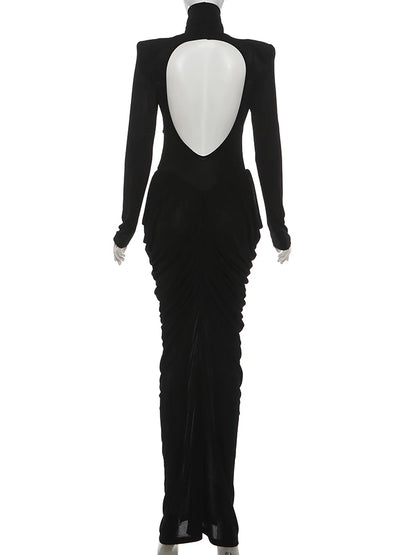 Maxi Dress Women Turtleneck Full Sleeve Backless