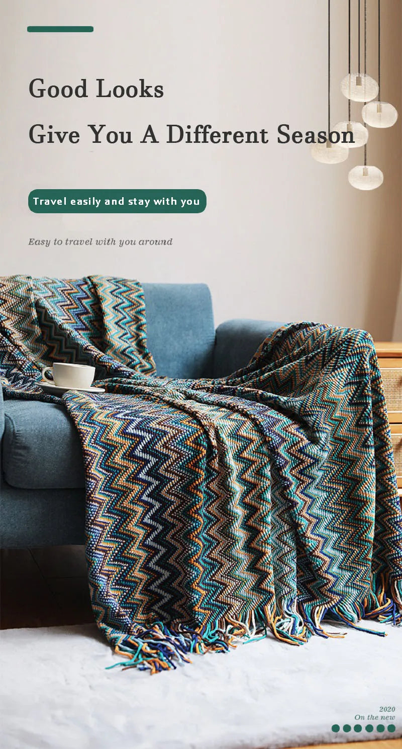 Bohemian Acrylic Hand Knitted Blanket with Tassels