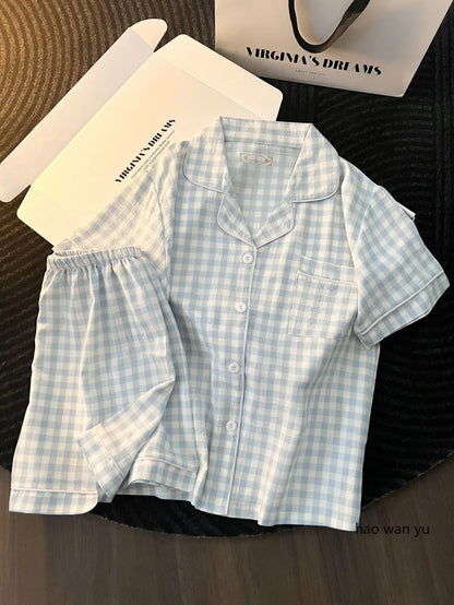 Japanese Minimalist Women's Pink Plaid Pajamas