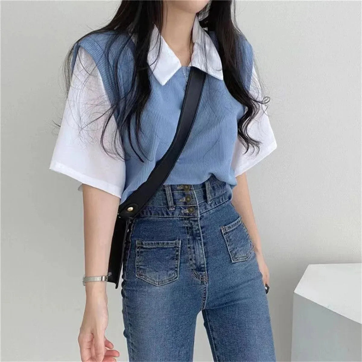 Korean Style Polo Collar Chiffon Blouse for Women