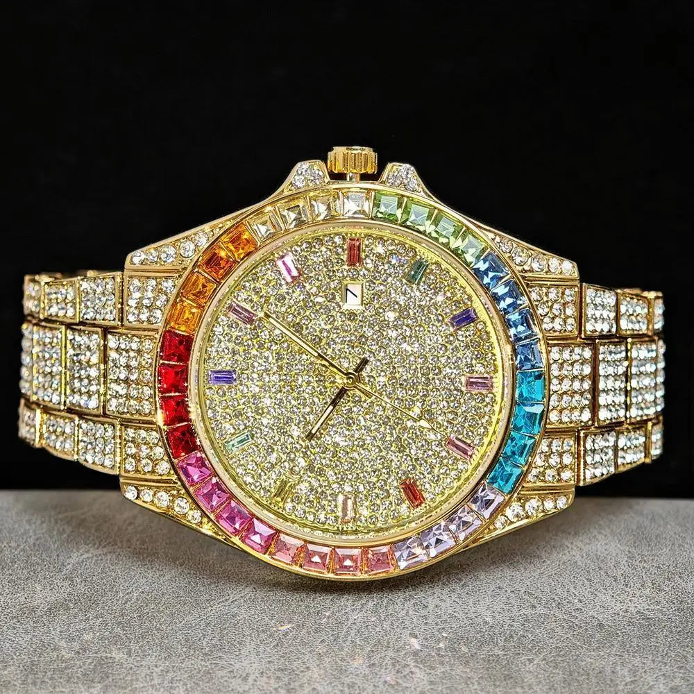 Fashion Gold Quartz Wristwatch for Men with Rainbow Diamonds