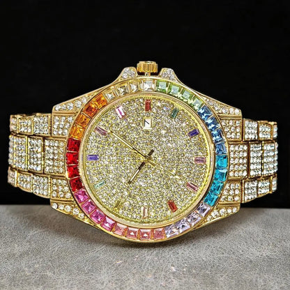Fashion Gold Quartz Wristwatch for Men with Rainbow Diamonds