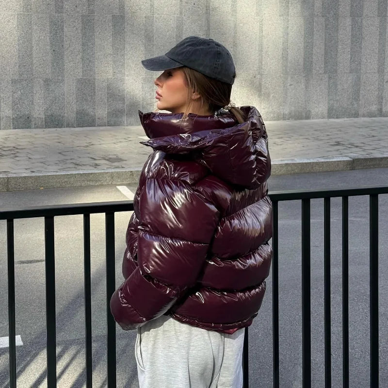 Solid Glossy Zipper Hooded Coat Women's Cotton Jacket