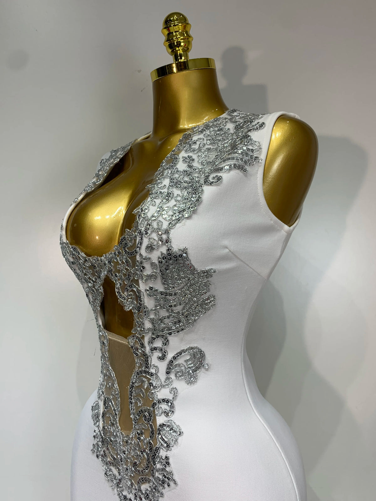 Sexy V Neck Cut Out Bandage Dress Silver Sequin White
