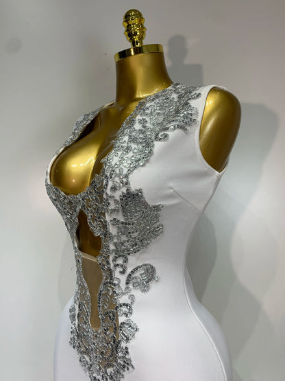 Sexy V Neck Cut Out Bandage Dress Silver Sequin White
