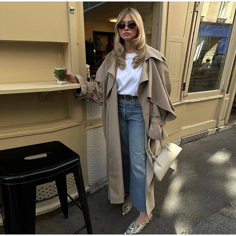 Khaki Long Color-block Stripe Trench Coat for Women
