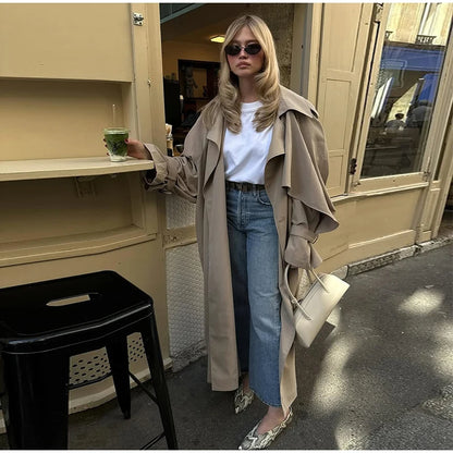 Khaki Long Color-block Stripe Trench Coat for Women