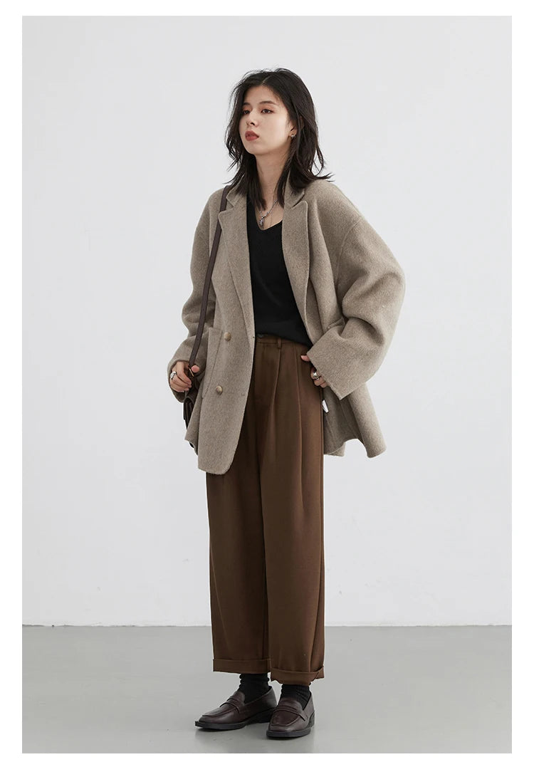 Women's Woolen Double Breasted Jacket Office Lady Outerwear