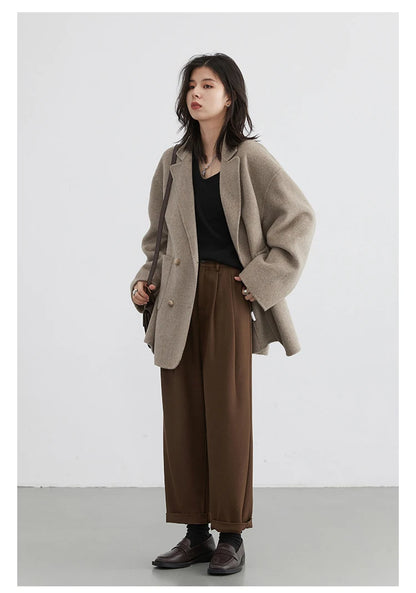 Women's Woolen Double Breasted Jacket Office Lady Outerwear