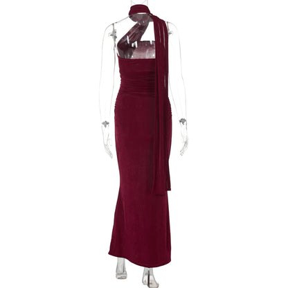 Hugcitar Halter Backless Ruched Bodycon Maxi Dress