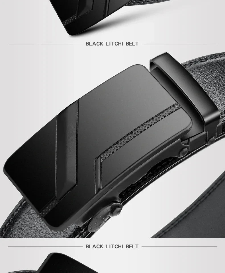 Men's Black PU Leather Automatic Buckle Belt 110cm 120cm 130cm