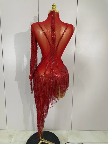 Sparkly Rhinestones One Shoulder See-Through Dress