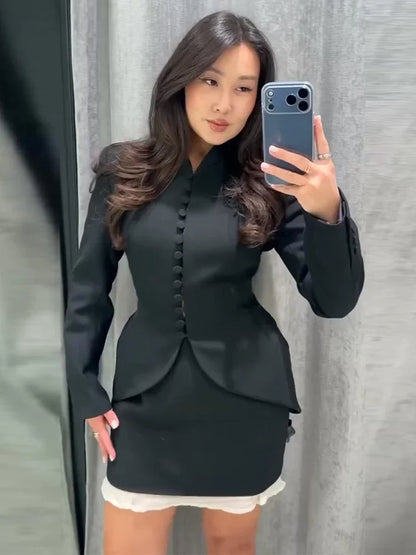 Chic Waist Cinched Women's Blazer Coat with Stand Collar