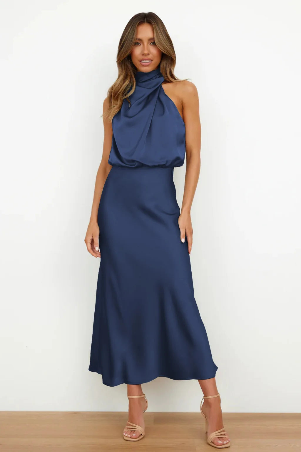 Elegant Silk Satin Sleeveless Long Dress for Women
