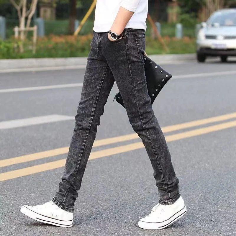 Mens Slim Fit Denim Pencil Pants Black White Stretch Jeans