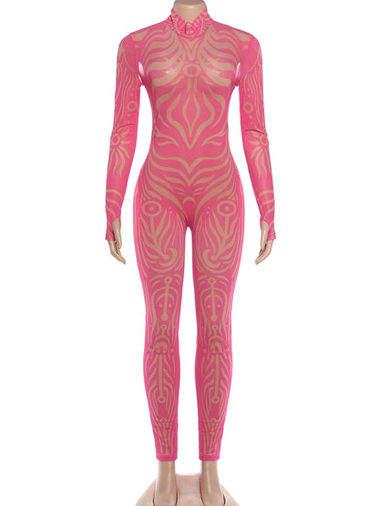 Striped Print Turtleneck Jumpsuit for Women