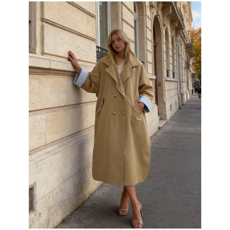 Khaki Long Color-block Stripe Trench Coat for Women