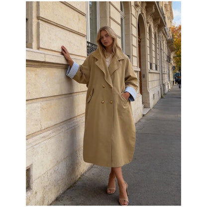 Khaki Long Color-block Stripe Trench Coat for Women