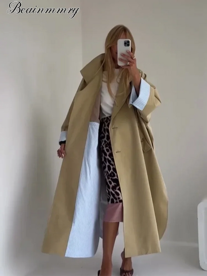 Khaki Long Color-block Stripe Trench Coat for Women