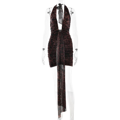 Leopard Print Halter Mini Dress for Women