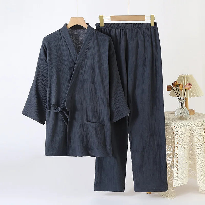 Cotton Couple Kimono Robes with Long Trousers Set