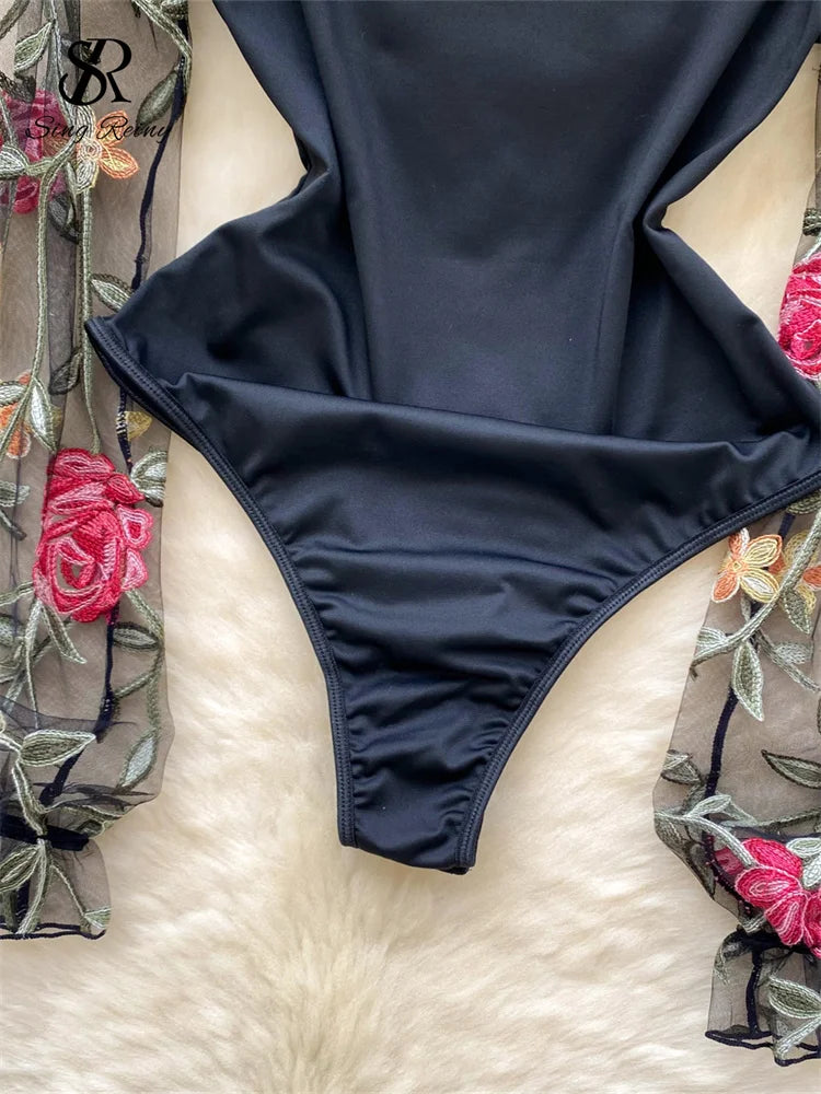 SINGREINY Vintage Embroidery Gauze Bodysuit for Women