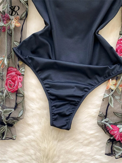 SINGREINY Vintage Embroidery Gauze Bodysuit for Women