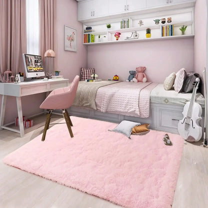 Black Plush Long-Pile Carpet, Soft Non-Slip Rug