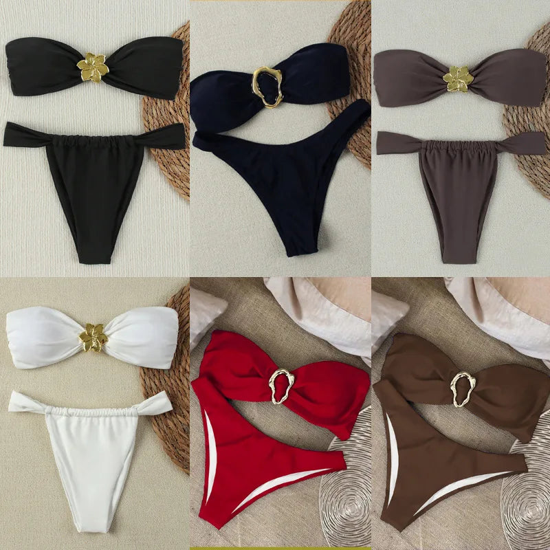 Bandeau Push-Up Bikini Set with Brazilian Thong