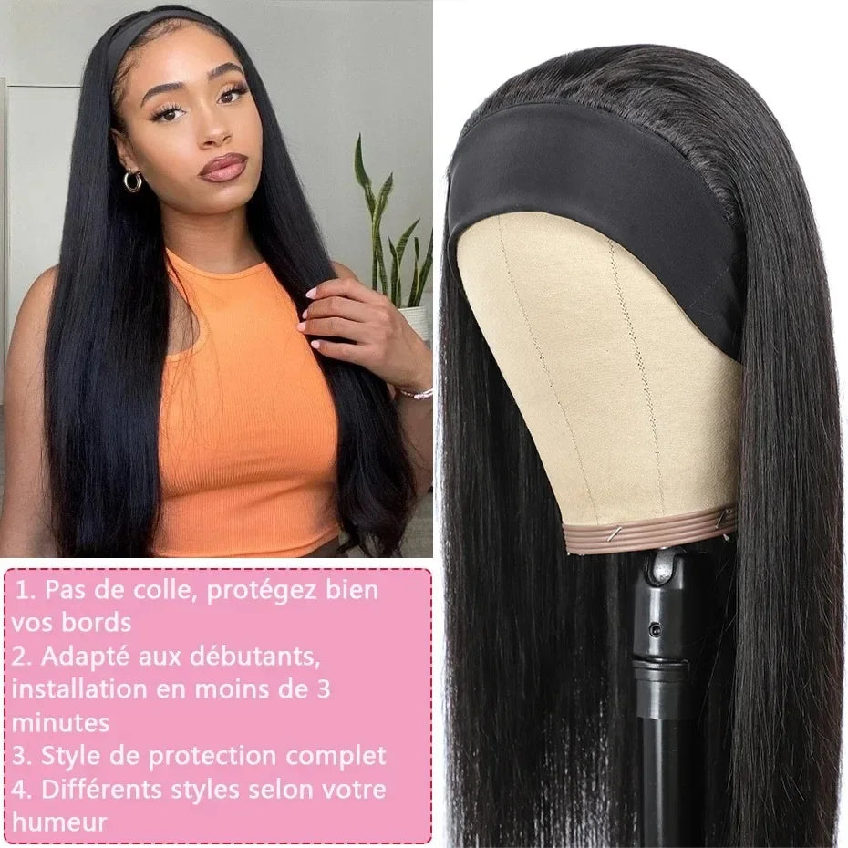 Human Hair Straight Headband Wig Natural Black 180% Density