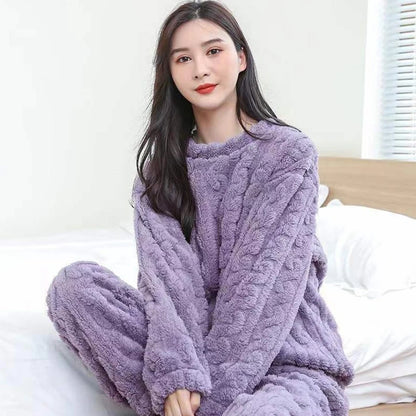 Warm Velvet Ribbed Fleece Pajama Set for Women