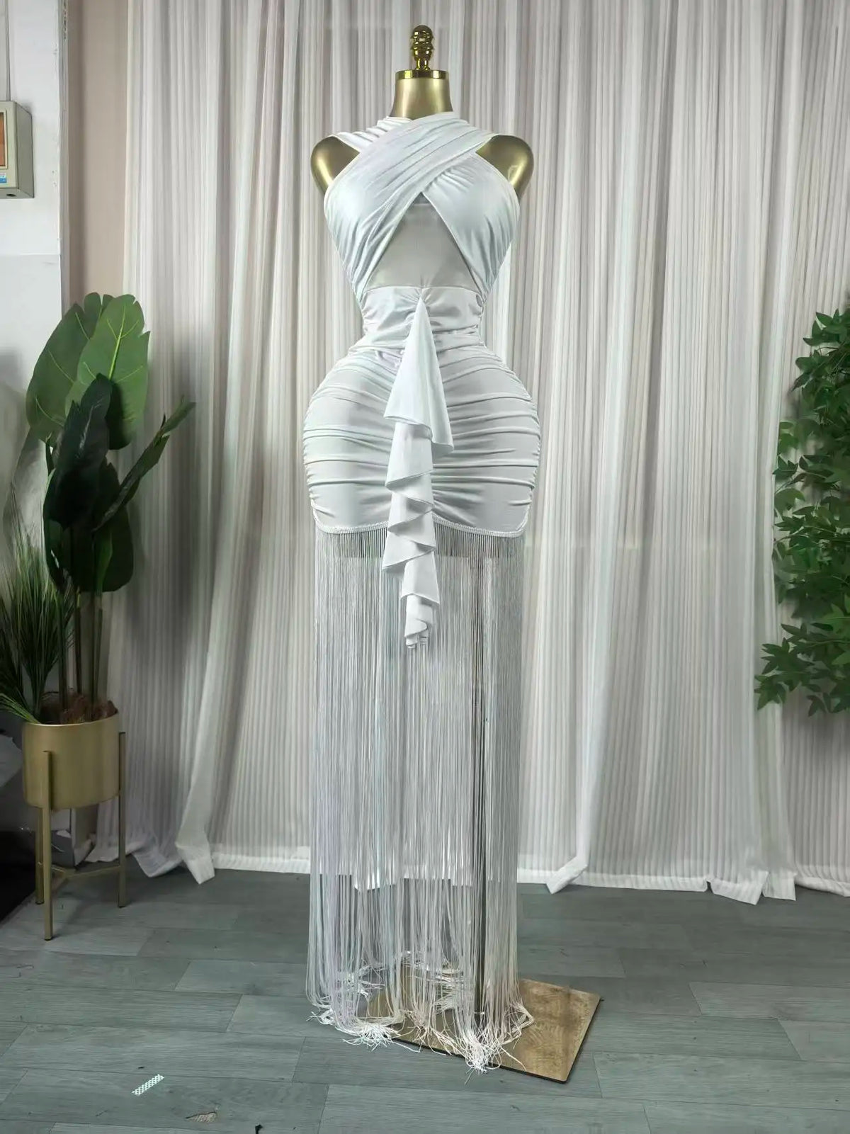 Women Halter Neck Midi Bodycon Dress with Tassels