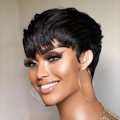 Short Pixie Cut Human Hair Wig with Bangs for Women