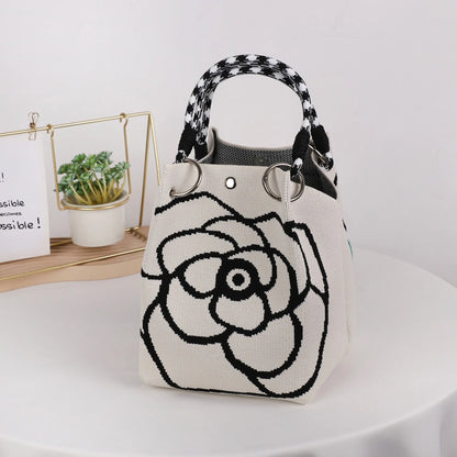 Mini Knitted Bucket Bag Women Colorblock Wristlet Purse