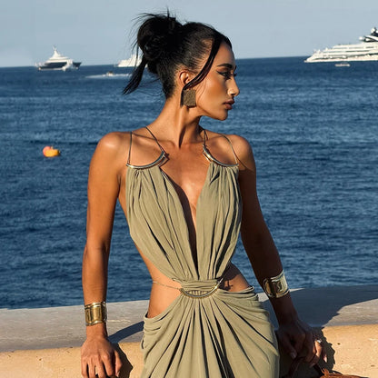 Backless Halter Dress for Women in Solid Polyester