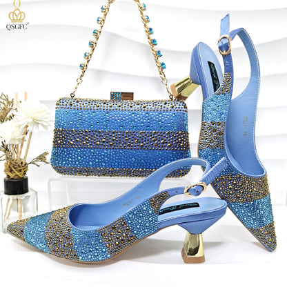 Italian Luxury Green Rhinestone Shoes and Bag Set