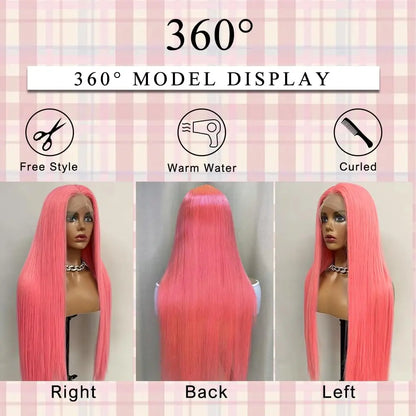 Pink 30 Inch Straight Lace Front Wig Human Hair