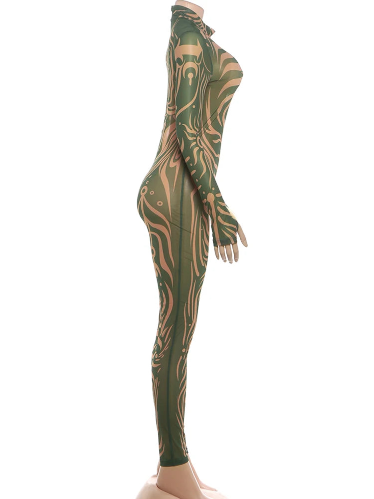 Striped Print Turtleneck Jumpsuit for Women