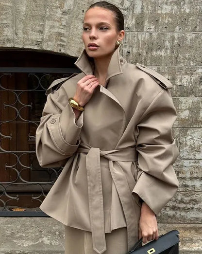 Lapel Lace Up Trench Coat Women Casual Long Sleeve